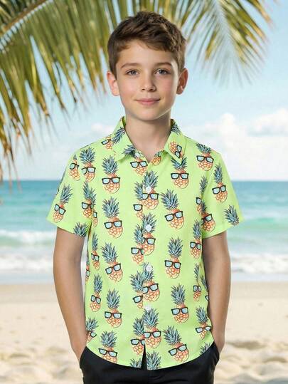 SHEIN Boys' Tropical Print Short Sleeve Casual Shirt, Versatile Design For Beach, Travel, Vacation, Suitable For Older Kids Summer Y2k Vacation Goth Gothic Streetwear Sumwon Burgundy Holiday Vintage Boho Festival Gras Party Cute Birthday Boys Modest Home Casual Cozy