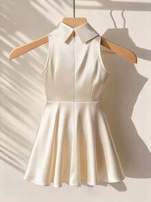 GlowEve 女士优雅无袖缎面迷你连衣裙，立领A字廓形，适合春夏穿着 - 杏色 - 查看 2