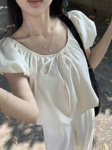 FRIFUL 女士花瓣袖蝴蝶结前系宽松甜美衬衫 - 黃色 - 查看 7