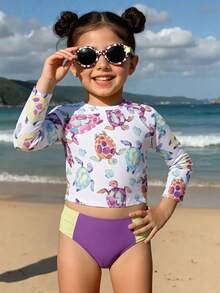 SHEIN Young Girls Turtle Print Long Sleeve Top And Contrast Color Triangle Swim Bottom Swimwear Set - Purple - View 3