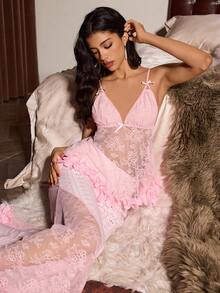 SHEIN 2pcs/Set Cherry Blossom Pink Lace Camisole Top & Hollow-Out Jacquard Knit Ruffle Hem Pajama Pants - Pink - View 5