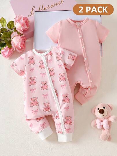 2pcs Newborn Baby Girl Pink Bear & Bow Print + Solid Color Jumpsuit, Summer