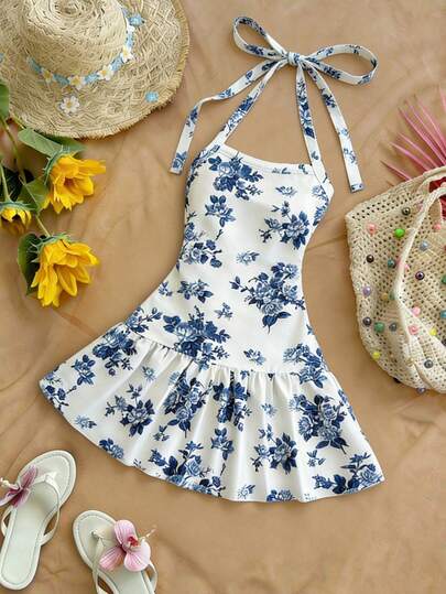 GlowEve 女士夏季针织弹力修身无肩带挂脖系带腰身中国风印花荷叶边下摆时尚优雅百搭休闲短裙，随机印花