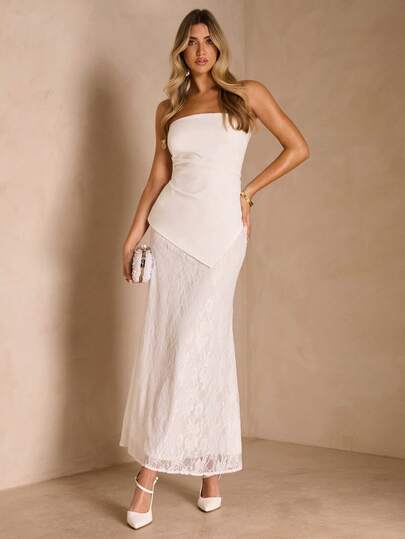 Enchnt Spring/Summer Romantic Women's White Asymmetrical Lace Fitted Bodycon Long Tube Dress,Sweet&Elegant For Vacation&Date&Holiday&Going Out,Spring Outfit Women