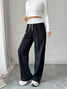 Elenzga Pantalones anchos casuales y cómodos para mujer, en bloque de color negro y blanco, con cordón en la cintura, pantalones de chándal sueltos y versátiles para ir al trabajo, ocio, vacaciones, que estilizan y alargan la figura con pantalones negros - Blanco y Negro - Ver 5
