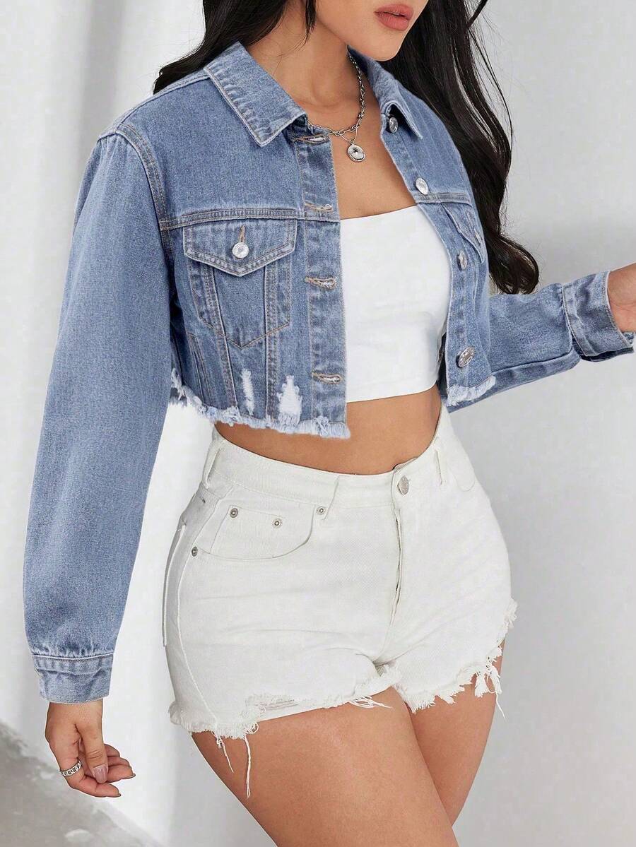 Jeanoix Short Frayed Hem Long Sleeve Casual Button Front Denim Jacket, Versatile - Light Wash - View 1