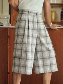 SWAVVY Men's Plaid Pattern Multi-Pocket Button Zipper Shorts - White - View 4