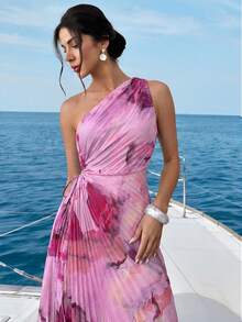 Firerie Đầm nữ kiểu dáng lãng mạn, thanh lịch, bất đối xứng, họa tiết nhuộm tie-dye, eo khoét rỗng, viền bèo nhún, lệch vai, thích hợp cho hẹn hò, mùa hè, màu sắc nhẹ nhàng, trang phục đi biển. - Màu Hồng baby - Xem 3