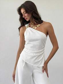 Aloruh Damen asymmetrischer Saum Metall Dekor Pendler Bluse mit Taillierung, Sommer Ein-Träger Top Schulterfrei Oberteil für Frauen Party Weiß Elegante Party Nacht - Weiss - Übersicht 7