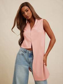 NYA SZN Top sin mangas con detalle de drapeado, fluido, modesto, de negocios, casual, básico, plisado, de iglesia, lindo, básico, elegante de otoño e invierno, adecuado para atuendos de oficina para mujeres - Rosado Sandía - Ver 3