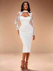 Radiana Seksowna i elegancka, beżowa, koronkowa, patchworkowa, dopasowana sukienka damska z długim rękawem, dopasowany krój, elastyczna dzianina otula ciało, podkreślając figurę, odpowiednia na randki, spotkania, imprezy, codzienne wyjścia, zakupy, do klubów, na popołudniową herbatę, święta - Biały - Zobacz 4