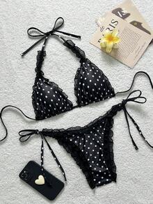Swim Mod 2-Piece Floral Print Mesh Trim Halter Bikini Set With Tie Side Bottoms, Sexy Swimwear - Black and White - View 1
