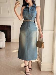 DAZY Đầm denim không tay dáng suông, có túi, chất liệu denim mài, thích hợp cho nữ mùa hè. - Rửa trung bình - Xem 7