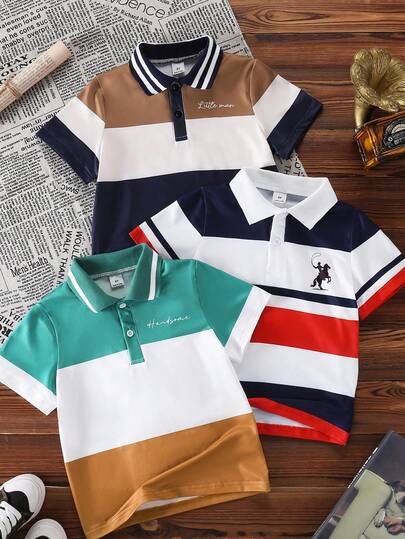 SHEIN Conjunto de 3 piezas de camisa polo con estampado de patrón universitario para niños pequeños de estilo deportivo casual, adecuado para atuendos de niños, ropa de niño, regreso a la escuela, uso diario, deportes, primavera/verano
