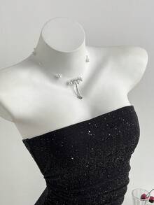 Elamini Casual Versatile Sequin Ruched Bandeau Bodysuit For Women, Black, Spring/Summer - Black - View 3