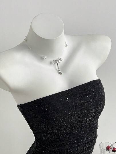 Elamini Casual Versatile Sequin Ruched Bandeau Bodysuit For Women, Black, Spring/Summer