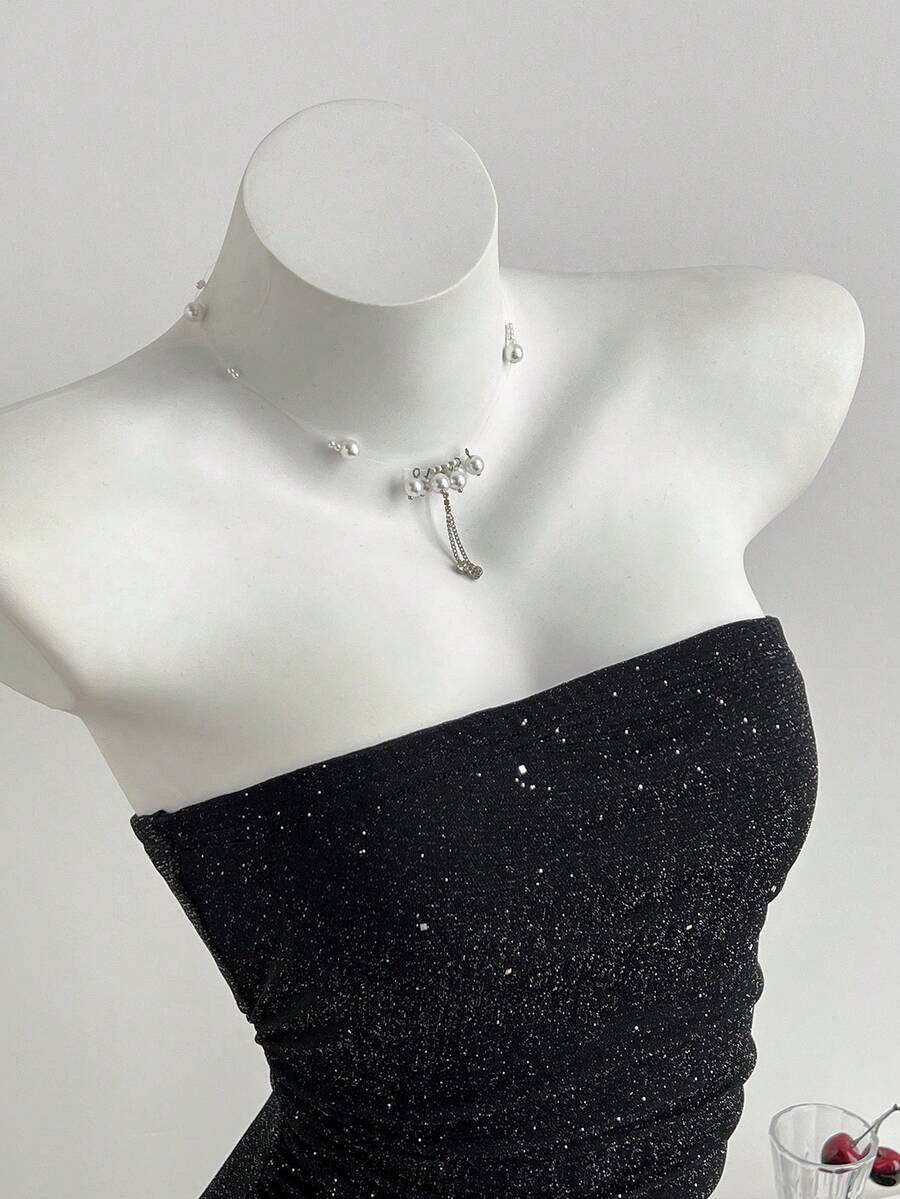 Elamini Casual Versatile Sequin Ruched Bandeau Bodysuit For Women, Black, Spring/Summer - Black - View 1