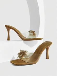 CUCCOO SZL Sandalias de tacón de aguja con punta cuadrada para mujer, con adorno de cristal transparente, de estilo slip-on, elegantes para vestidos, fiestas y discotecas - Camel - Ver 2