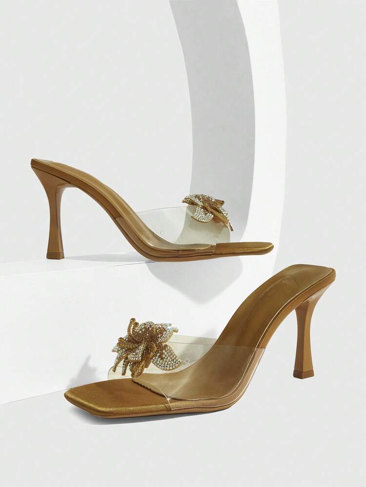 CUCCOO SZL Women's Square Toe Stiletto Heel Transparent Rhinestone Embellished Slip-On Mule Sandals, Elegant For Dresses, Party, Nightclub Valentine's Day Prom Heels Summer Shoes