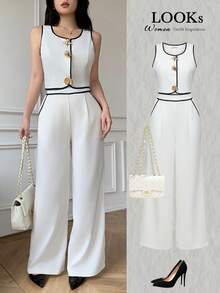 Celisse Women's Contrast Trim Round Neck Tank Top And Pants Elegant 2 Pieces Set - Beige - View 8