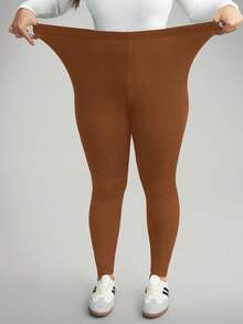 Comfylo Plus Size Women Casual Solid High Waist Leggings - Brown - View 8