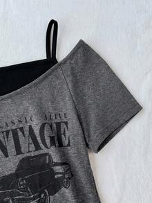 Teen Girls Casual Y2K Style Black & Gray Car Graphic Ruched Tie Front Cropped Top - Grey - View 3