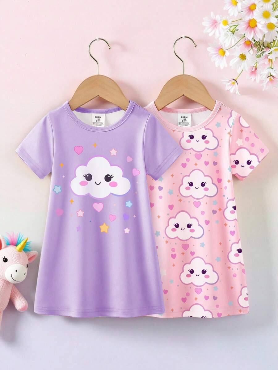 2pcs Baby Girls Cute Smiling Face & Cloud Print Knit Crew Neck Dress Pajama Set, Spring/Summer, Children Gift - Pink - View 1