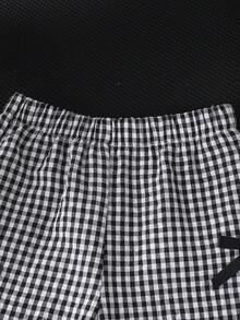 SHEIN 两件套女童夏季时尚简约街头风白色短袖T恤（黑色刺绣装饰）搭配杏色条纹裤，适合日常上学穿着 - 黑與白 - 查看 6