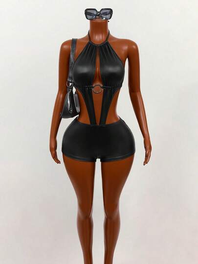 Mistrie The Lady's New Sexy Sleeveless Halter-Neck Top With Backless Hollow Metal Decoration Design, Tight-Fitting One-Piece Shorts, Made Of PU Leather Fabric, Suitable For Nightclub Chicks.