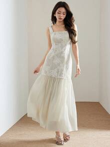 Heiryn 女士花卉纹理方领无袖荷叶边下摆连衣裙 - 杏色 - 查看 4