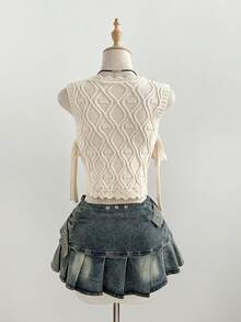 SHEIN Unity Women's Fashionable Elegant Versatile Round Neck Bow Tie Knitted Sweater Vest, Summer - Apricot - View 2