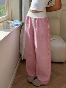 SHEIN EZwear 女士休闲红色条纹阔腿裤，春夏款 - 紅色 - 查看 6