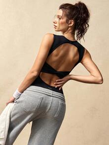 VARSIVA Bộ jumpsuit dáng ôm vừa vặn, màu trơn, không tay, hở lưng, khoét eo, kiểu dáng thường ngày. - màu đen - Xem 5