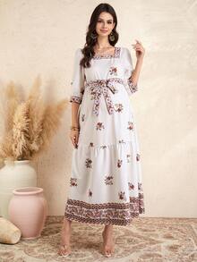 Momance Maternity Dress With Mid-Sleeve, Square Neckline, Multi-Layered Skirt, Waist Tie Bow, Printed & Embroidered Long Dress - Multicolor - View 4