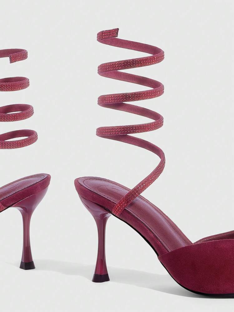 CUCCOO SZL Women's Pointed Toe Black Suede Sexy Snake-Shaped Rhinestone Wrapped Strap Fashionable Date Night Stiletto High Heel Sandals Spring Shoes - Burgundy - View 6