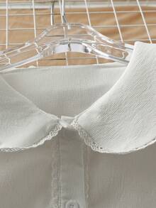 Everyssa 女士纯色彼得潘领单排扣休闲百搭日常衬衫 - 白色 - 查看 4