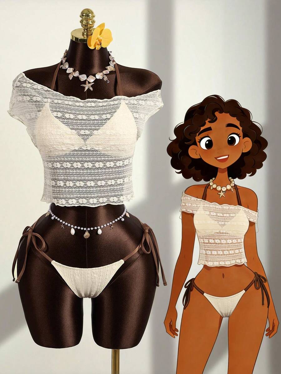 Zestiva 女士夏季沙滩三件套：蕾丝提花网纱三角系带上衣、侧边系带长裤、不对称网纱T恤、泳装套装 - 米色 - 查看 1