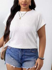 SHEIN LUNE Plus Size Women Summer Casual Commuting Simple Versatile Solid Color Textured Fabric Batwing Short Sleeve Top - White - View 3