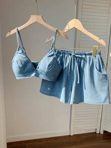 Comfortcana 女士休闲度假牛仔吊带背心和短裤套装 - 深色水洗藍 - 查看 5