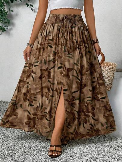 SHEIN VCAY 大码女式碎花抽绳腰休闲半身裙