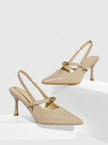 CUCCOO SZL Women's Strap Open Back High Heel Glossy Sandals - Apricot - View 2