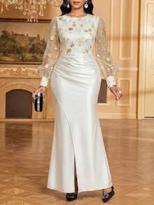 SHEIN Lady 女士复古优雅圆领灯笼袖长连衣裙 - 彩色 - 查看 6