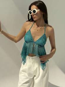 Aloruh Nueva blusa corta con estampado floral tropical naranja, de escote profundo en V y espalda descubierta, adecuada para salir, la playa y vacaciones - Verde Oscuro - Ver 5