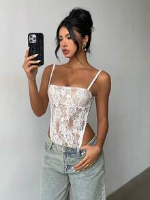 Aloruh White Lace Backless Spaghetti Strap Bodysuit, Fitted & Fashionable - White - View 7