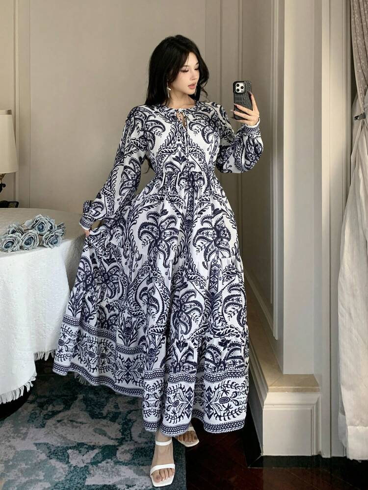 Women's Lantern Sleeve Vintage Cinched Waist Elegant Mid-Length Summer Dress Sundress Boho