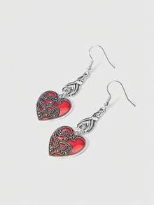 ROMWE 1 Pair Women's Gothic Style Dark Bat & Heart Shaped Alloy Dangle Earrings, Minimalist & Unique For Halloween - Silver - View 3