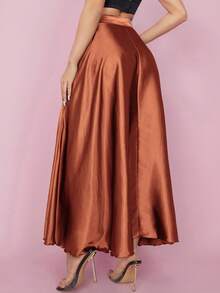 SHEIN PETITE 高腰纯色喇叭裙 - 棕色 - 查看 2