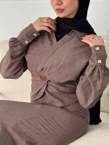 Women's Casual Collared Metal Button Waist Top And Skirt 2 Pieces Set - Coffee Brown - View 5