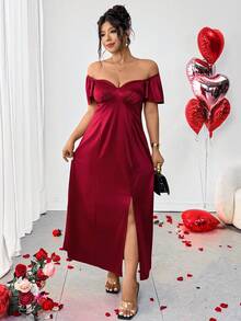 DreamSkyne Plus Size Women Elegant Summer Red Satin Midi Dress,Knit Short Sleeve Shiny Burgundy Slit Formal Gown For Prom Night,Curve Elegant Dress - Burgundy - View 5