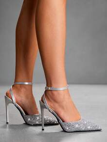 CUCCOO SZL Women Shoes Pointed Thin High Heel Silver Glitter Ankle Strap Slingback Women's Shoes Simple Elegant Fashion Sexy Party Banquet Nightclub Women's High Heel Shoes Women's Shoes - Greet Silver 2 - View 7